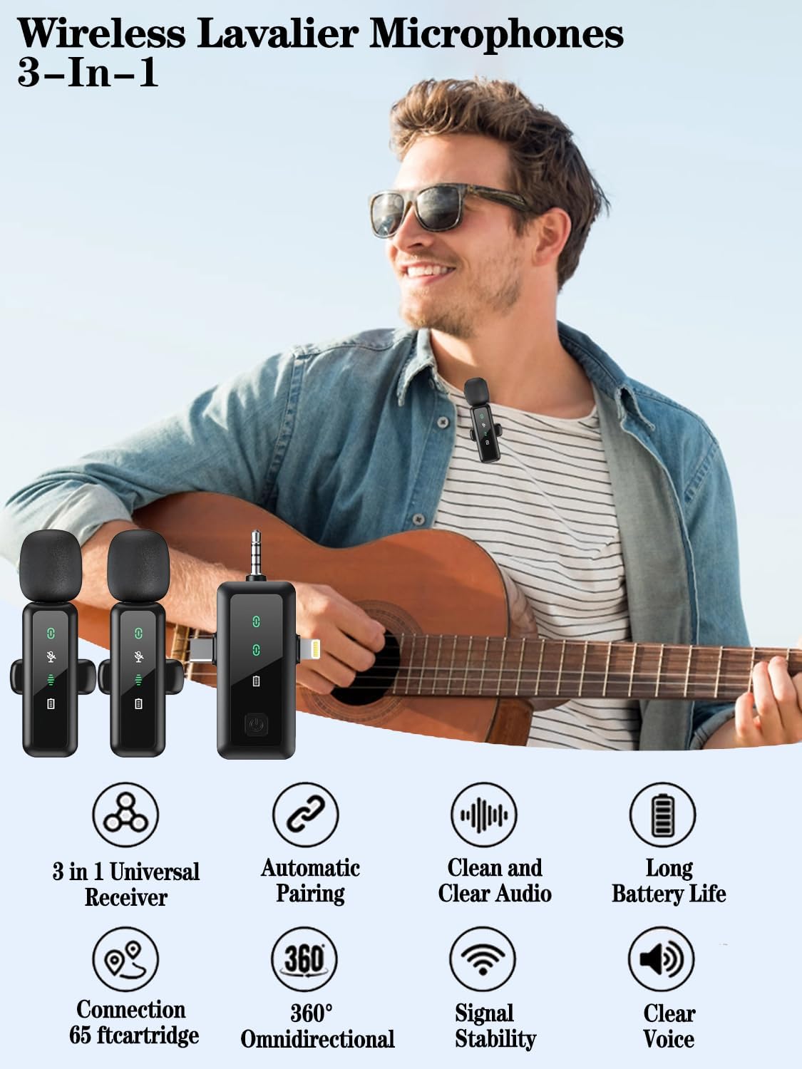 2x Wireless Lapel Microphones with LED Display: Noise Cancelling, Reverb, Mute - iPhone/Android/Camera for Vlog/Podcast/TikTok