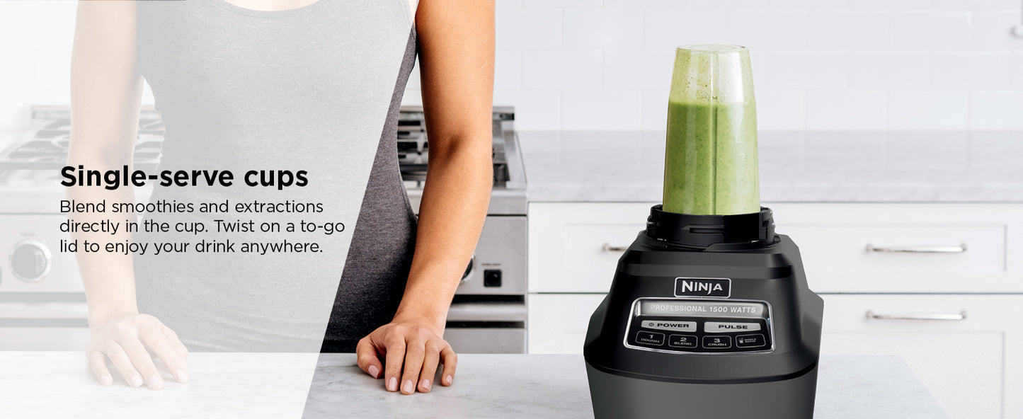 Ninja BL770 Mega Kitchen System, 1500W, 4 Functions for Smoothies, Processing, Dough, Drinks & More, with 72 Blender Pitcher, 64 Processor Bowl, (2) 16-oz. to-Go, Black, with 2 Nutri Cups + Lids