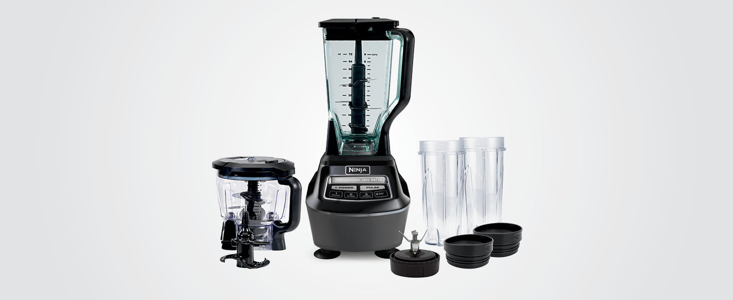 Ninja BL770 Mega Kitchen System, 1500W, 4 Functions for Smoothies, Processing, Dough, Drinks & More, with 72 Blender Pitcher, 64 Processor Bowl, (2) 16-oz. to-Go, Black, with 2 Nutri Cups + Lids