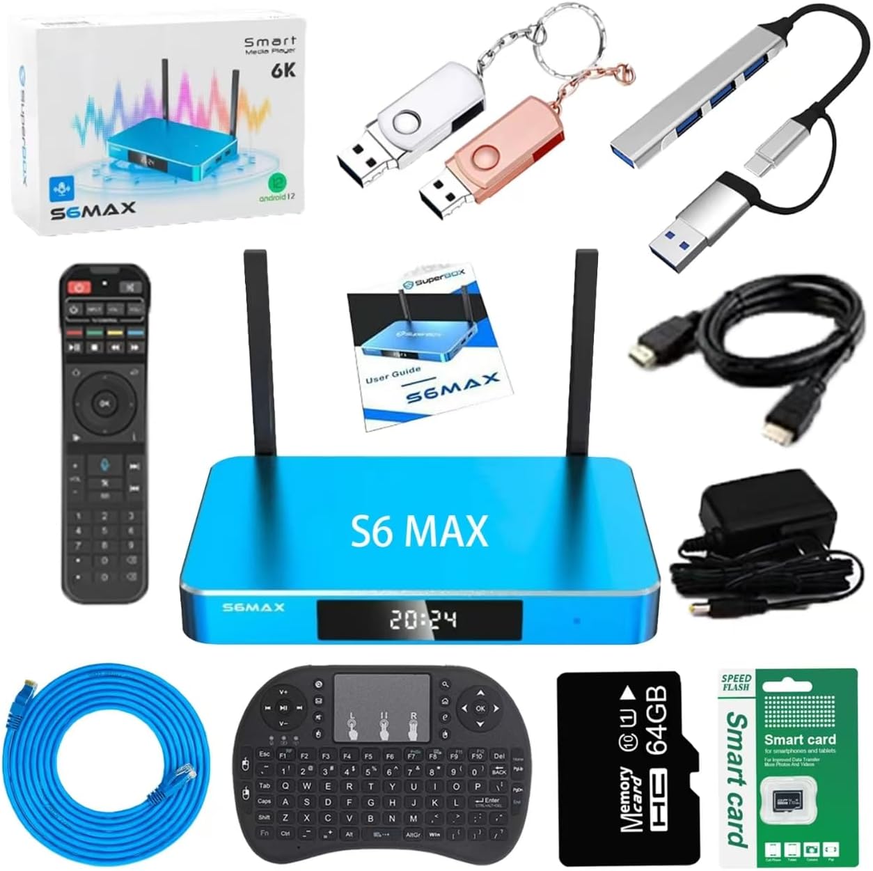 S6 Max Superbox 2025 Fully Loaded 6K Ultra HD with Voice Control HDMI Cable Power Supply TF Card USB Flash Driver Manual Instruction(4+64)