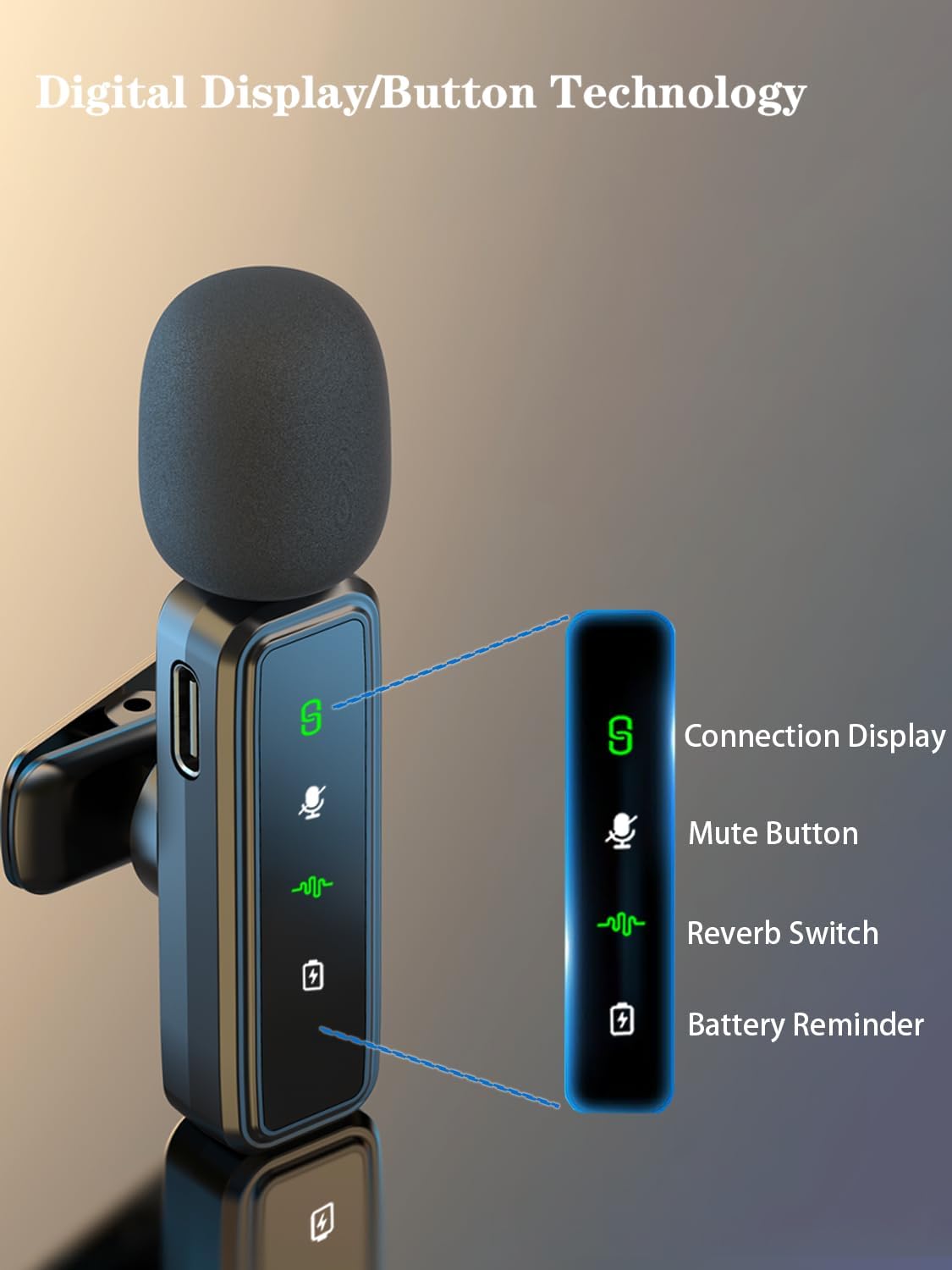2x Wireless Lapel Microphones with LED Display: Noise Cancelling, Reverb, Mute - iPhone/Android/Camera for Vlog/Podcast/TikTok