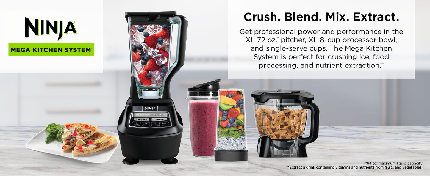 Ninja BL770 Mega Kitchen System, 1500W, 4 Functions for Smoothies, Processing, Dough, Drinks & More, with 72 Blender Pitcher, 64 Processor Bowl, (2) 16-oz. to-Go, Black, with 2 Nutri Cups + Lids