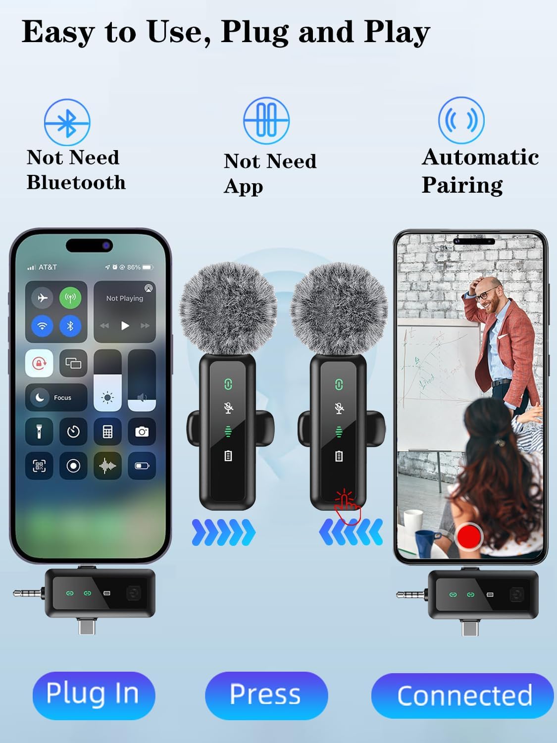 2x Wireless Lapel Microphones with LED Display: Noise Cancelling, Reverb, Mute - iPhone/Android/Camera for Vlog/Podcast/TikTok