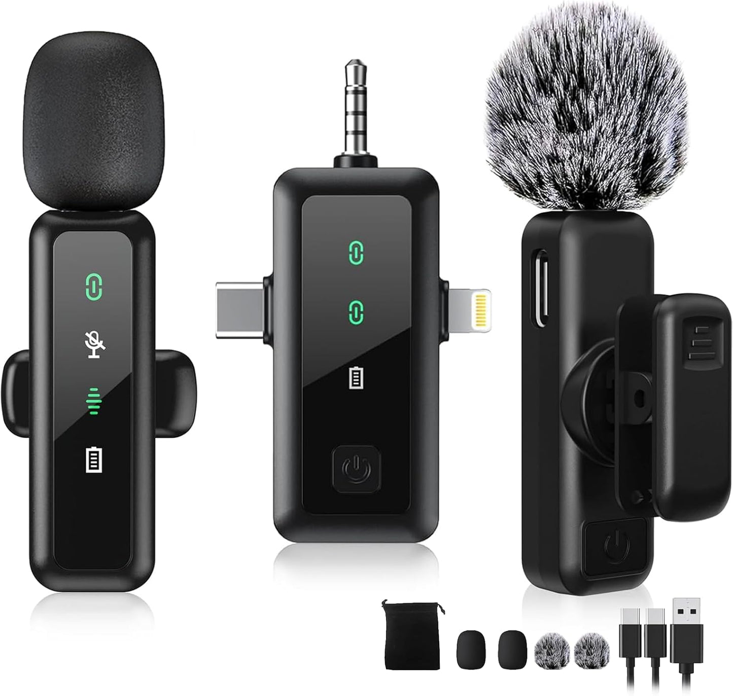 2x Wireless Lapel Microphones with LED Display: Noise Cancelling, Reverb, Mute - iPhone/Android/Camera for Vlog/Podcast/TikTok