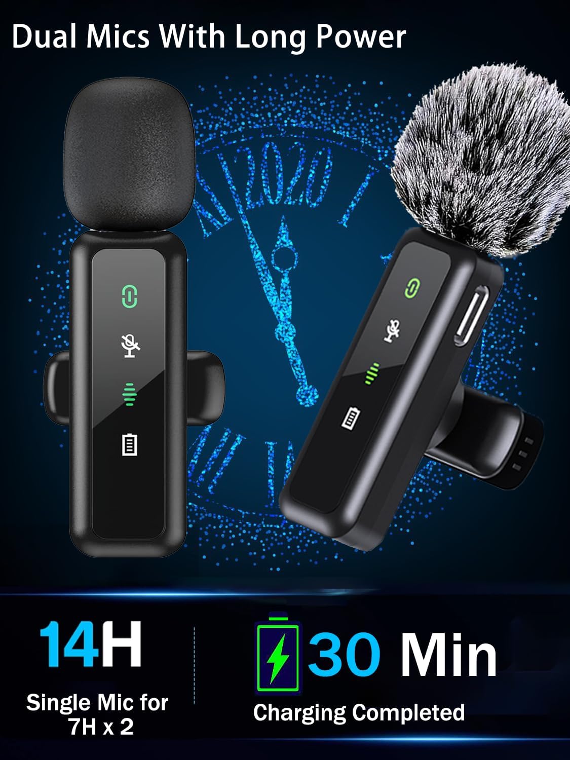 2x Wireless Lapel Microphones with LED Display: Noise Cancelling, Reverb, Mute - iPhone/Android/Camera for Vlog/Podcast/TikTok