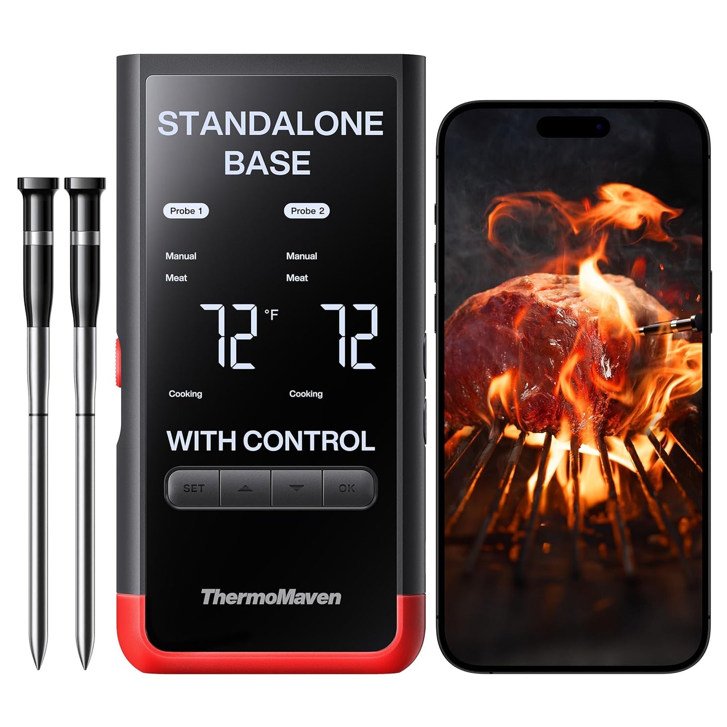 Wireless Smart Bluetooth Meat Thermometer: Standalone Base, WiFi Unlimited Range, 6 Sensors with NIST Certified Accuracy, 2 Probes for BBQ, Grill, Oven, Smoker, Rotisserie (Red)