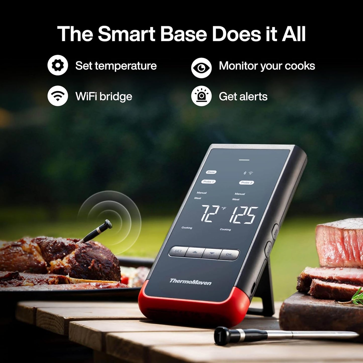 Wireless Smart Bluetooth Meat Thermometer: Standalone Base, WiFi Unlimited Range, 6 Sensors with NIST Certified Accuracy, 2 Probes for BBQ, Grill, Oven, Smoker, Rotisserie (Red)
