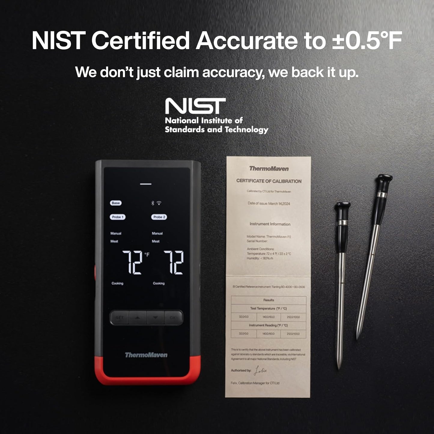 Wireless Smart Bluetooth Meat Thermometer: Standalone Base, WiFi Unlimited Range, 6 Sensors with NIST Certified Accuracy, 2 Probes for BBQ, Grill, Oven, Smoker, Rotisserie (Red)