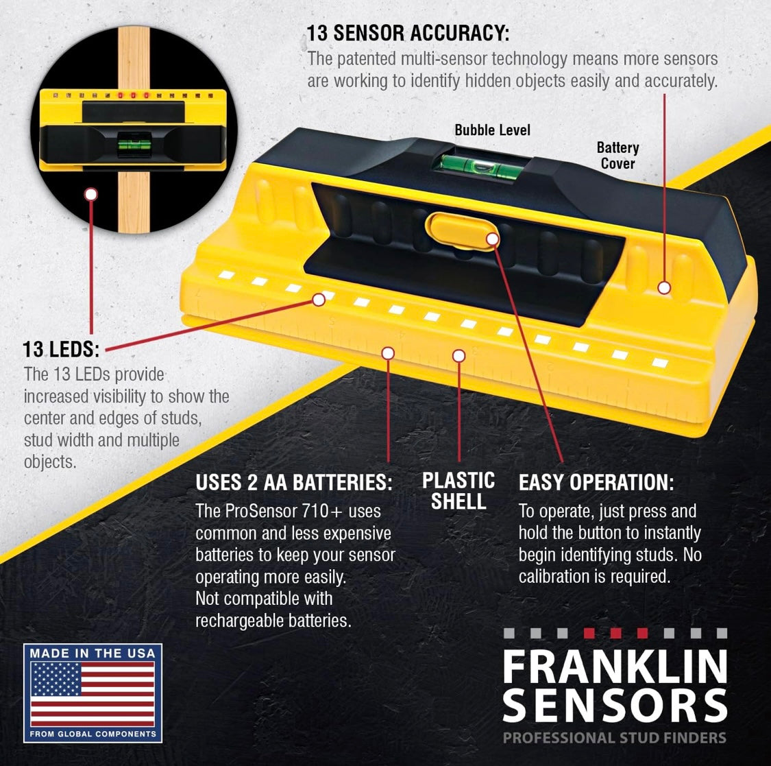 Franklin Sensors ProSensor 710+ 13-Sensor Stud Finder: Accurate Wood & Metal Detection, Built-in Level